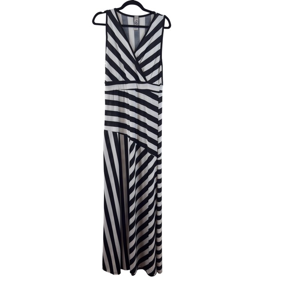 Go Couture Womens XL Black White Striped Sleeveless V-Neck Maxi Dress Made USA